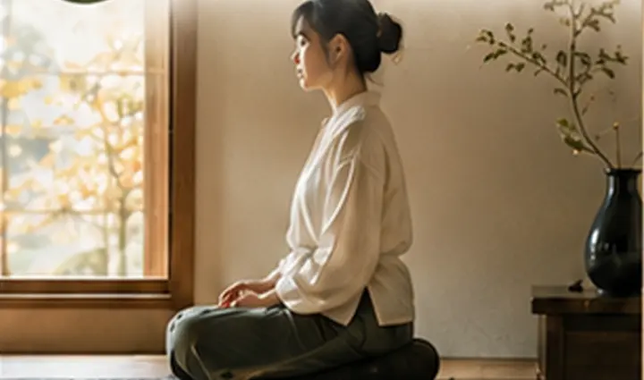 静かな和室で座禅をする女性